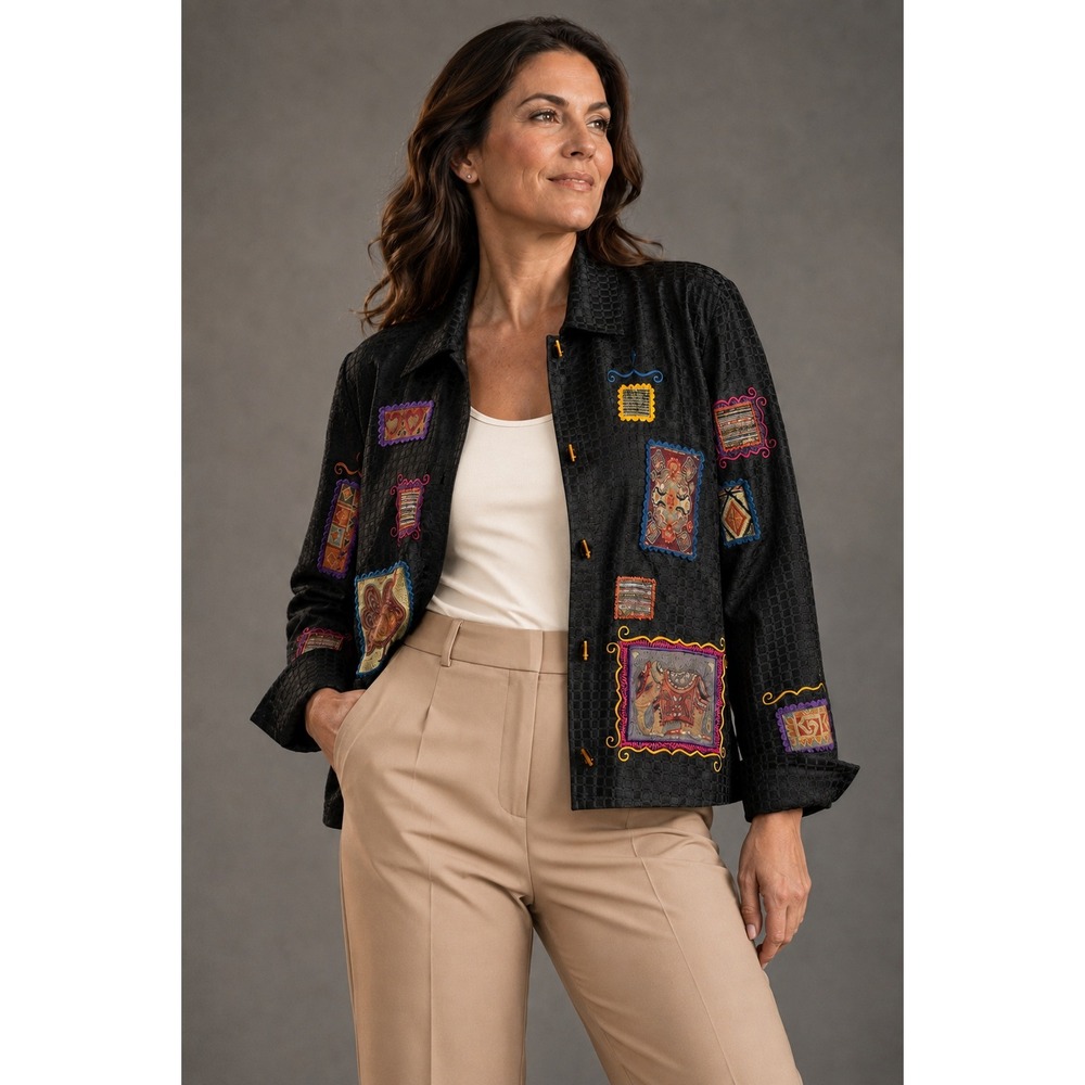 Vintage Allure Embroidered Patchwork Jacket Womens Large Black Art to Wear Boho